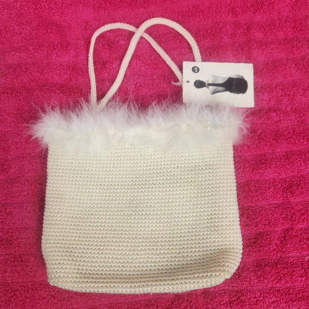 The Sak Cream Colored Crochet Purse with Faux Fur Trim